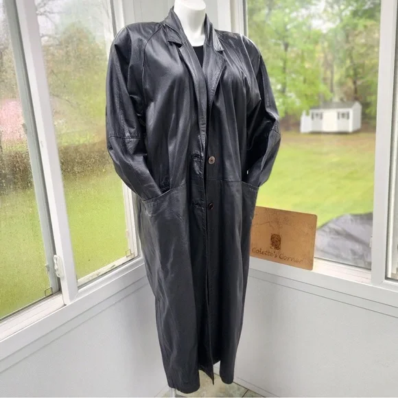 Vintage Accent Black Leather Cocoon Sleeve Maxi Single Breasted Coat Size XL - Picture 14 of 14